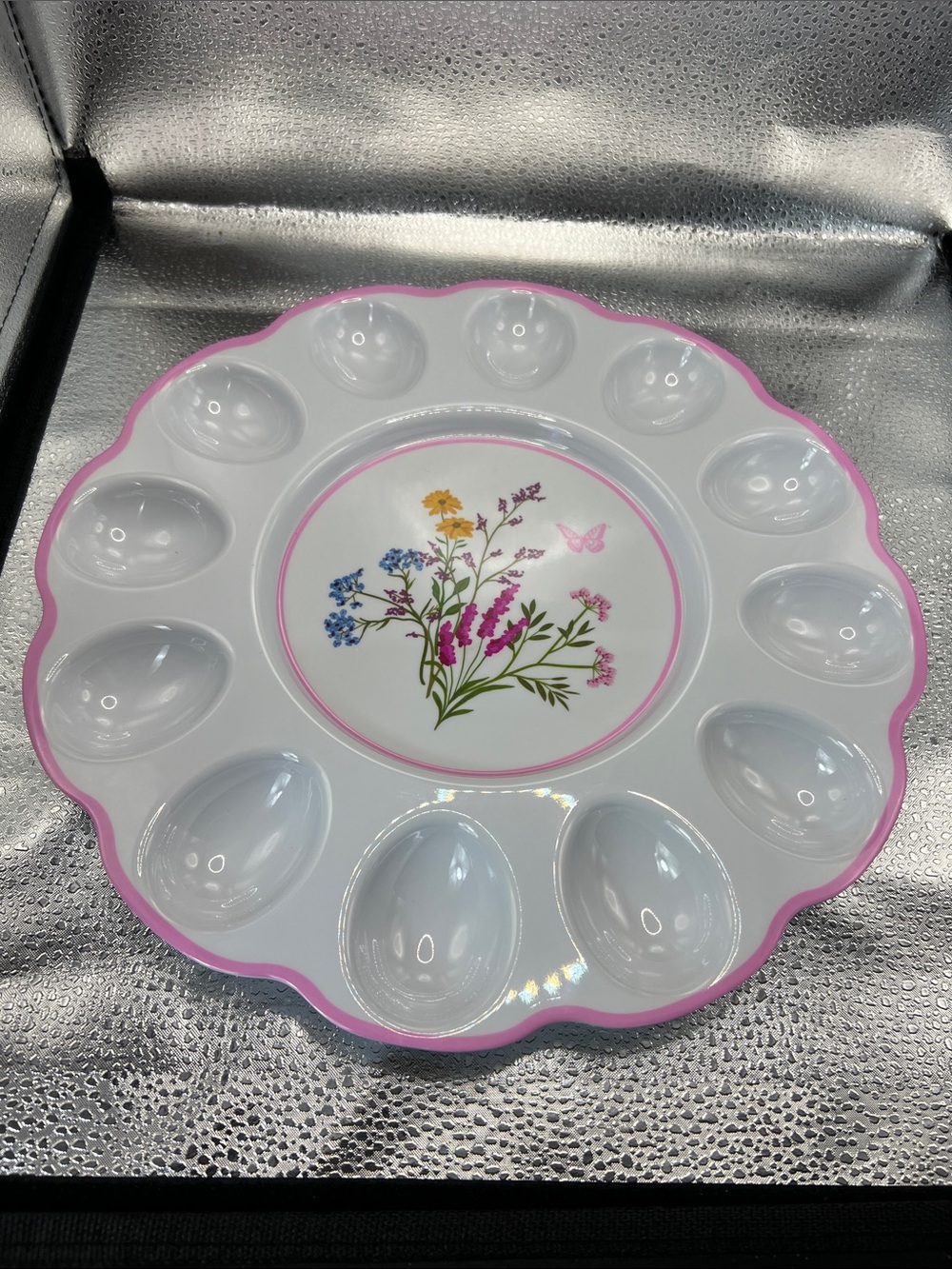 Dolly Parton Floral Egg Serving Platter in White with Pink Trim